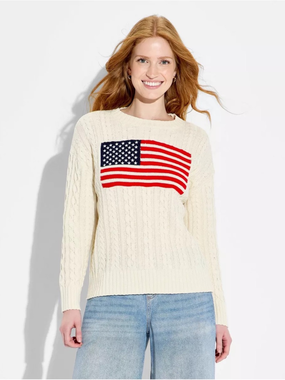 Wild Fable Women's Crewneck American Flag Pullover Sweater Off-White Flags XXS